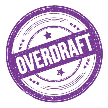 Menekşe çivit üzerine OVERDRAFT metin yuvarlak kirli doku damgası.