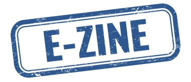 Mavi grungy vintage dikdörtgen damgalı E-ZINE metni.