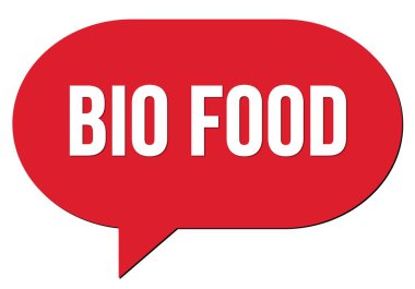 Kırmızı bir konuşma kabarcığı damgası ile yazılmış BIO FOOD metni