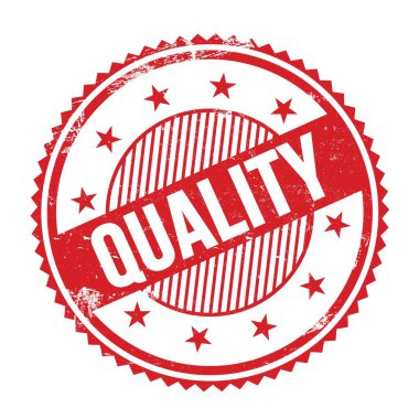 Kırmızı grungy zig zag kenarlarında yazılmış nitelik metni yuvarlak pul.