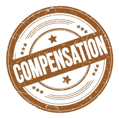 Kahverengi yuvarlak dokuma damgası üzerine COMPENSATION metni.