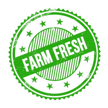 Yeşil grungy zig zag kenarları yuvarlak mühür üzerine yazılmış FARM FRESH metin.