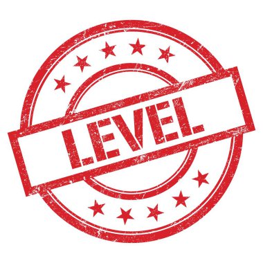 Kırmızı yuvarlak vintage kauçuk damga üzerine LEVEL metin.
