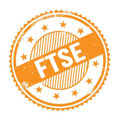 Turuncu grungy zig zag kenarları üzerine yazılmış FTSE metni yuvarlak pul.