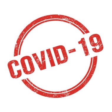 Kırmızı grungy vintage yuvarlak pulla yazılmış COVID-19 metni.