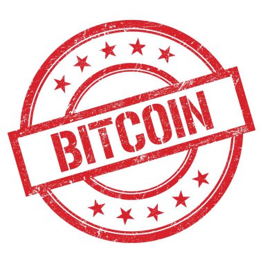 BITCOIN metin kırmızı yuvarlak vintage kauçuk damga üzerine yazılmış.