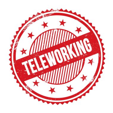 Kırmızı grungy zig zag kenarları yuvarlak pulu üzerine yazılan TELEworking metin.