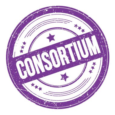 Mor çivit rengi yuvarlak desen damgalı KONSORTIUM metni.