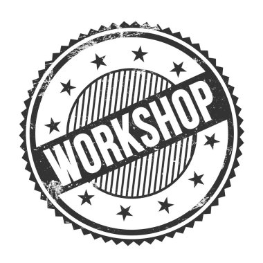 Workshop metni siyah grungy zig zag kenarları yuvarlak pul üzerine yazılmış.