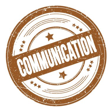 Kahverengi yuvarlak dokuma damgası üzerine COMUNICATION metni.