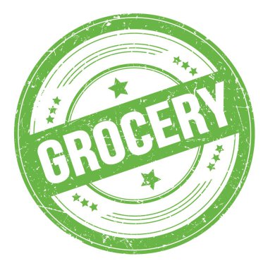 Yeşil yuvarlak grungy doku damgası üzerine GROCERY metin.