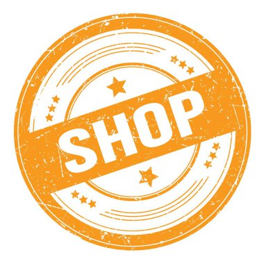 Turuncu yuvarlak grungy doku damgası üzerine dükkan metni.