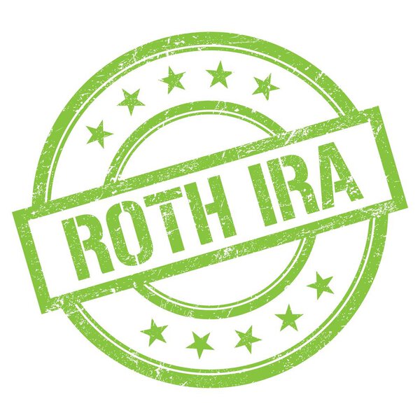 ROTH IRA text written on green round vintage rubber stamp.