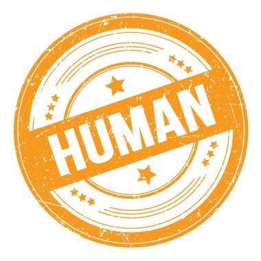 Turuncu yuvarlak grungy doku damgası üzerine insani metin.