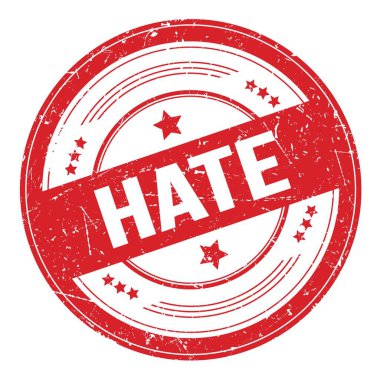 Kırmızı yuvarlak grungy doku damgasındaki nefret metni.