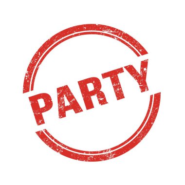 Kırmızı grungy vintage yuvarlak damgalı parti metni.