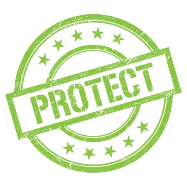 Yeşil yuvarlak vintage kauçuk damgalı PROTECT metni.