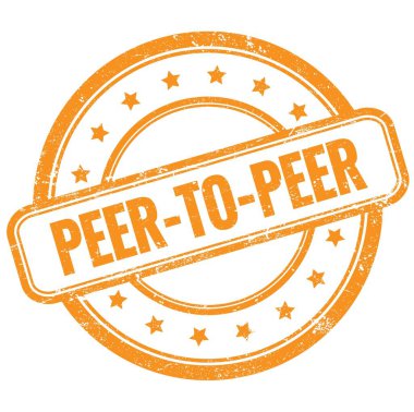 Turuncu, eski, pasaklı, yuvarlak, lastik damga üzerine peder- to-peer metin.