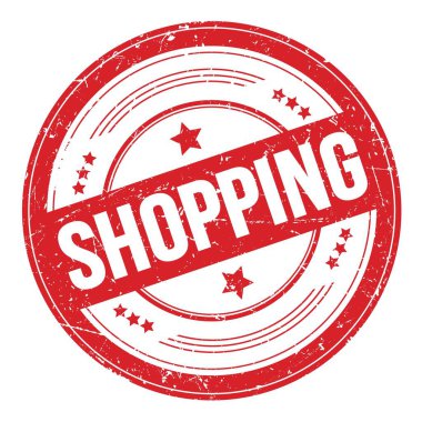 Kırmızı yuvarlak grungy doku damgası üzerine alışveriş metni.