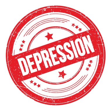 Kırmızı yuvarlak grungy doku damgası üzerine depresif metin.