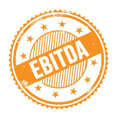 EBITDA metni turuncu grungy zig zag kenarları yuvarlak pul üzerine yazılmış.