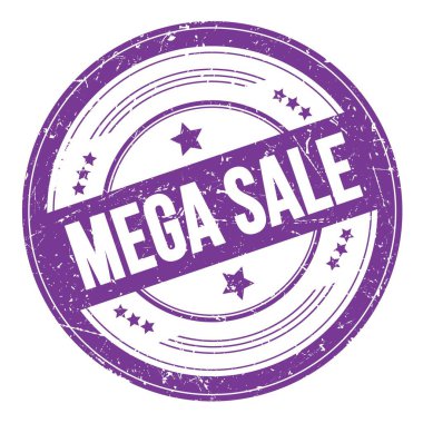 Menekşe çivit rengi yuvarlak dokuma damgalı MEGA satış metni.