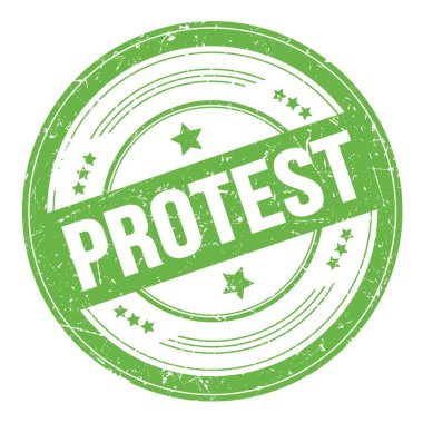 Yeşil yuvarlak grungy doku damgası üzerine PROTEST metni.