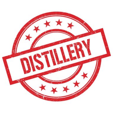 DISTILLERY text written on red round vintage rubber stamp.