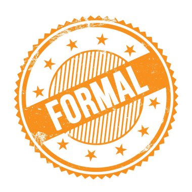 Turuncu grungy zig zag kenarları üzerine yazılmış formaL metin yuvarlak pul.