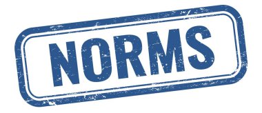 Mavi grungy vintage dikdörtgen damgalı NORMS metni.