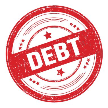 Kırmızı yuvarlak grungy doku damgası üzerine DEBT metni.