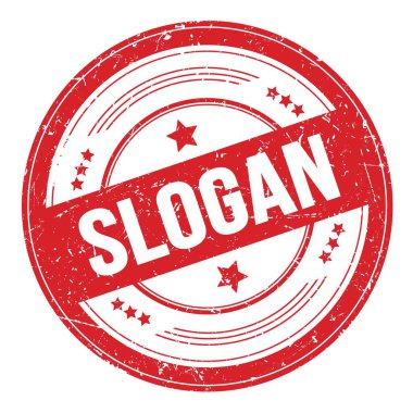 Kırmızı yuvarlak grungy desen damgası üzerine SLOGAN metin.