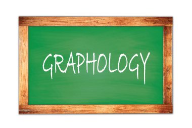 Yeşil ahşap çerçeve okul tahtasına yazılmış GRAPHOLOGY metin.