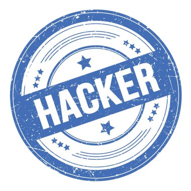Mavi yuvarlak grungy doku damgası üzerine HACKER metni.