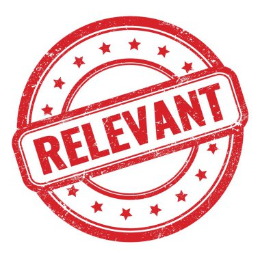 Kırmızı grungy vintage yuvarlak kauçuk damga üzerine RELEVANT metin.