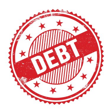 Kırmızı grungy zig zag kenarlıklarına yazılmış DEBT metni pul yuvarlak.