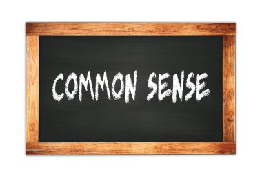 Siyah ahşap çerçeve okul tahtasına yazılmış COMON SENSE metni.