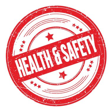 Kırmızı yuvarlak dokuma damgası üzerine Sağlık & Güvenliği metni.