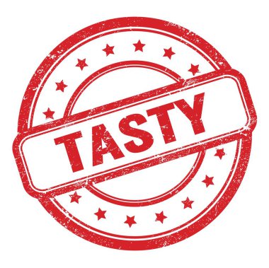 Kırmızı, kirli, eski, yuvarlak, lastik damga üzerine lezzetli bir metin..