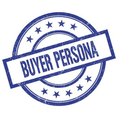 BUYER PERSONA metin mavi yuvarlak vintage kauçuk damga üzerine yazılmış.