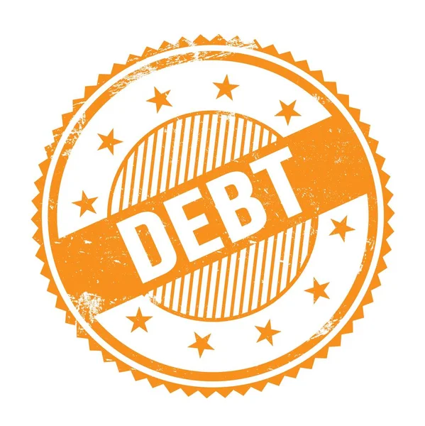 Turuncu grungy zig zag kenarları üzerine yazılmış DEBT metni yuvarlak pul.