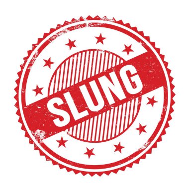 Kırmızı grungy zig zag kenarlarında yazılmış SLUNG metni yuvarlak pul.