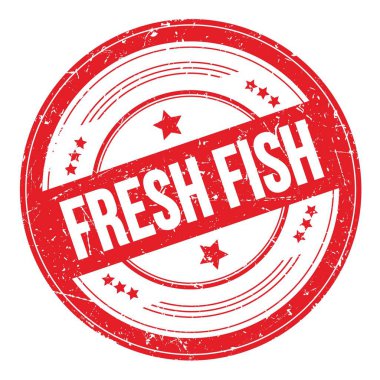 Kırmızı yuvarlak grungy desen damgası üzerine FRESH FISH Balığı metni.