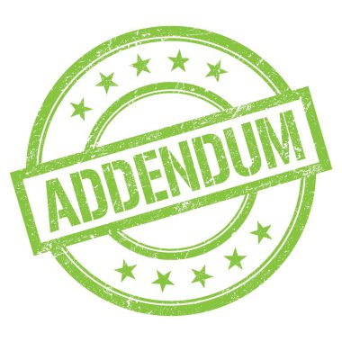 Yeşil yuvarlak vintage kauçuk damgalı ADDENDUM metni.