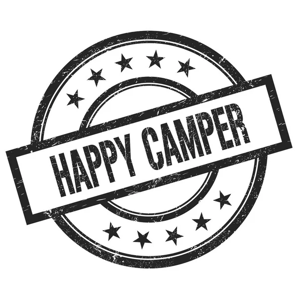 Happy Camper Teksti Kirjoitettu Musta Pyöreä Vuosikerta Kumi Leima — kuvapankkivalokuva