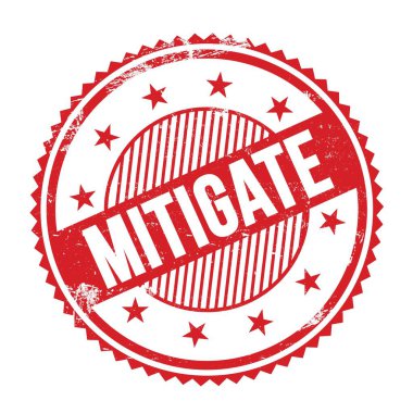 Kırmızı grungy zig zag kenarlarında yazılmış MITIGATE metni yuvarlak pul.