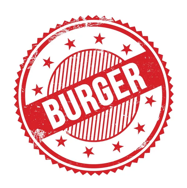 Burger Tekst Napisany Czerwonym Grungy Zygzakowate Granice Okrągły Znaczek — Zdjęcie stockowe