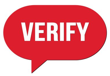 Kırmızı bir konuşma kabarcığı puluyla yazılmış VERIFY metni