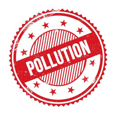 Kırmızı grungy zig zag kenarlarında yazılmış POLUTION metni yuvarlak pul.
