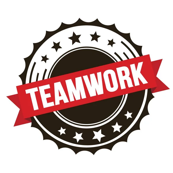 Tekst Teamwork Znaczku Czerwonej Brązowej Wstążki — Zdjęcie stockowe
